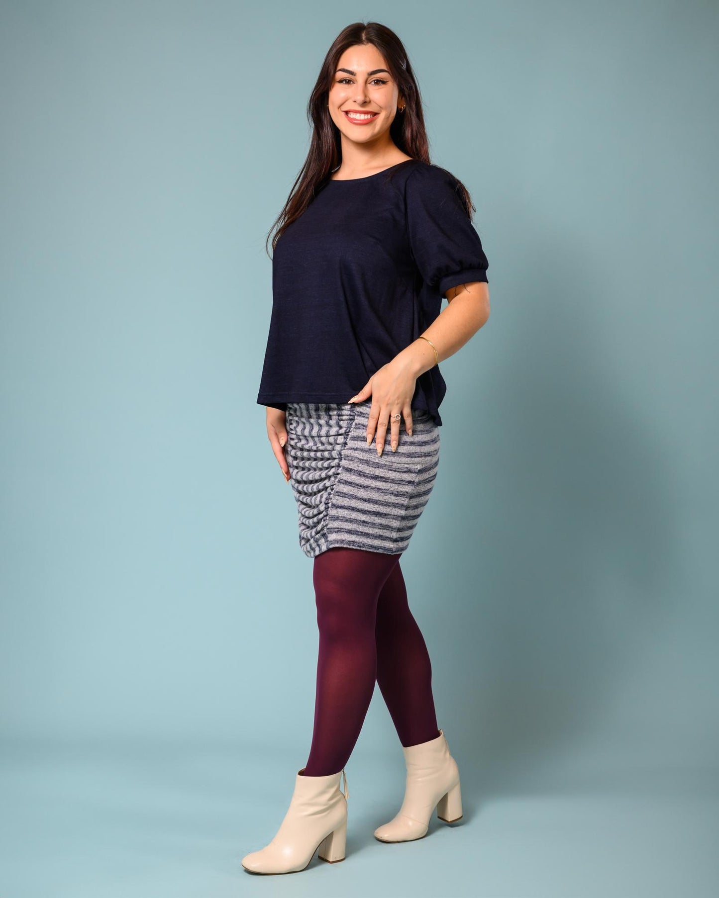 Squasht Ruched Mini Skirt In Cozy Grey & Navy Stripe Sweater Knit - SALE