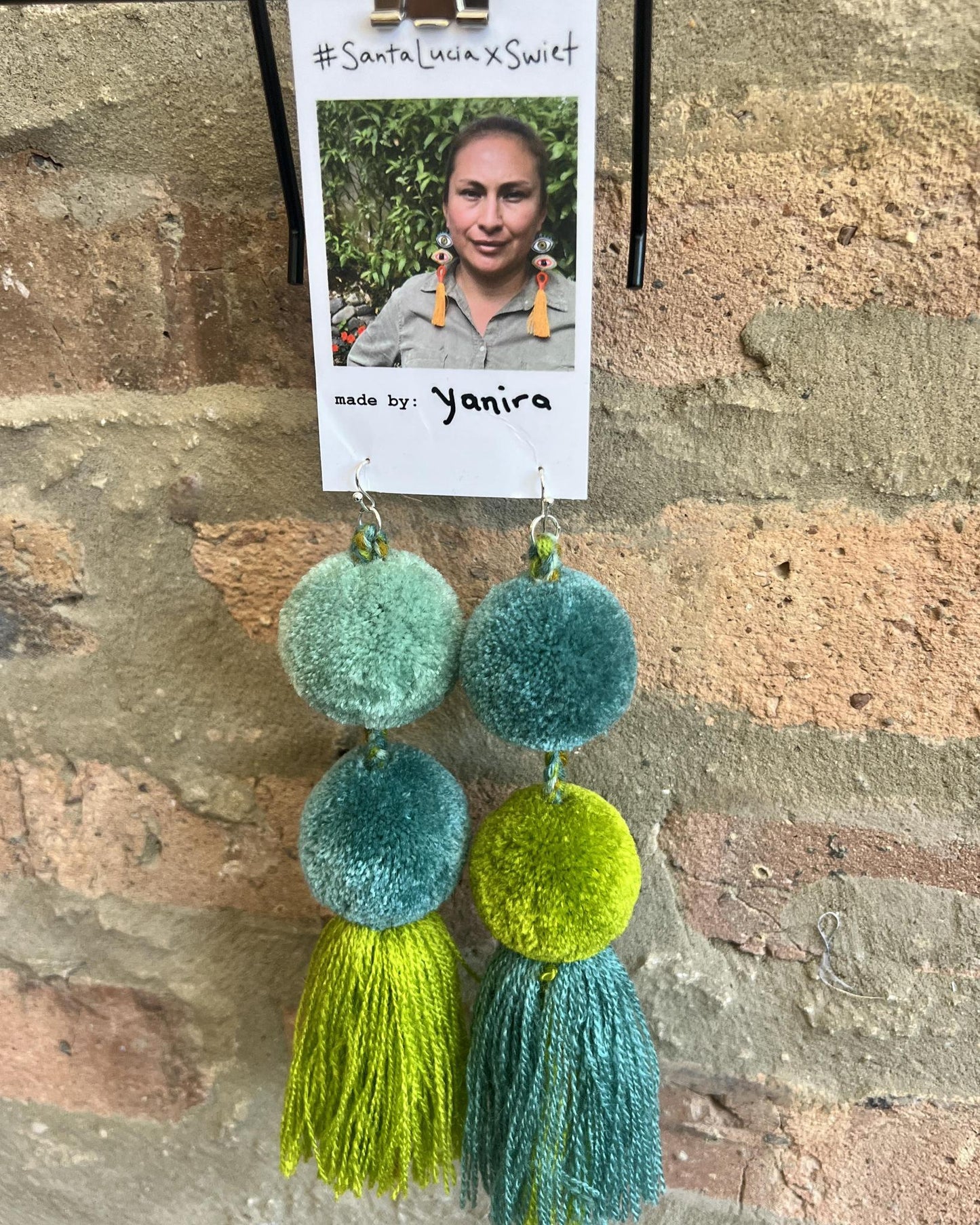 SWIETstuff Extra Large Pom Pom Earrings Shades of Blue & Green