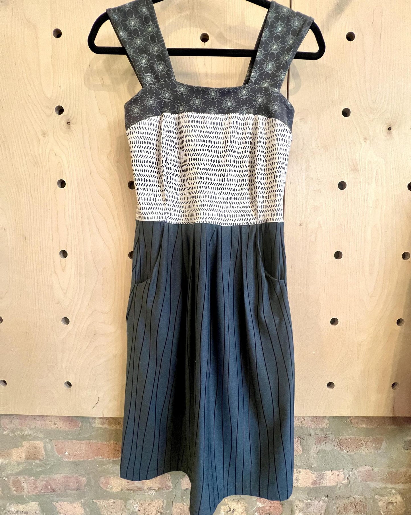 Squasht Wide Strap Dress in Cream and Gray Mixed Prints