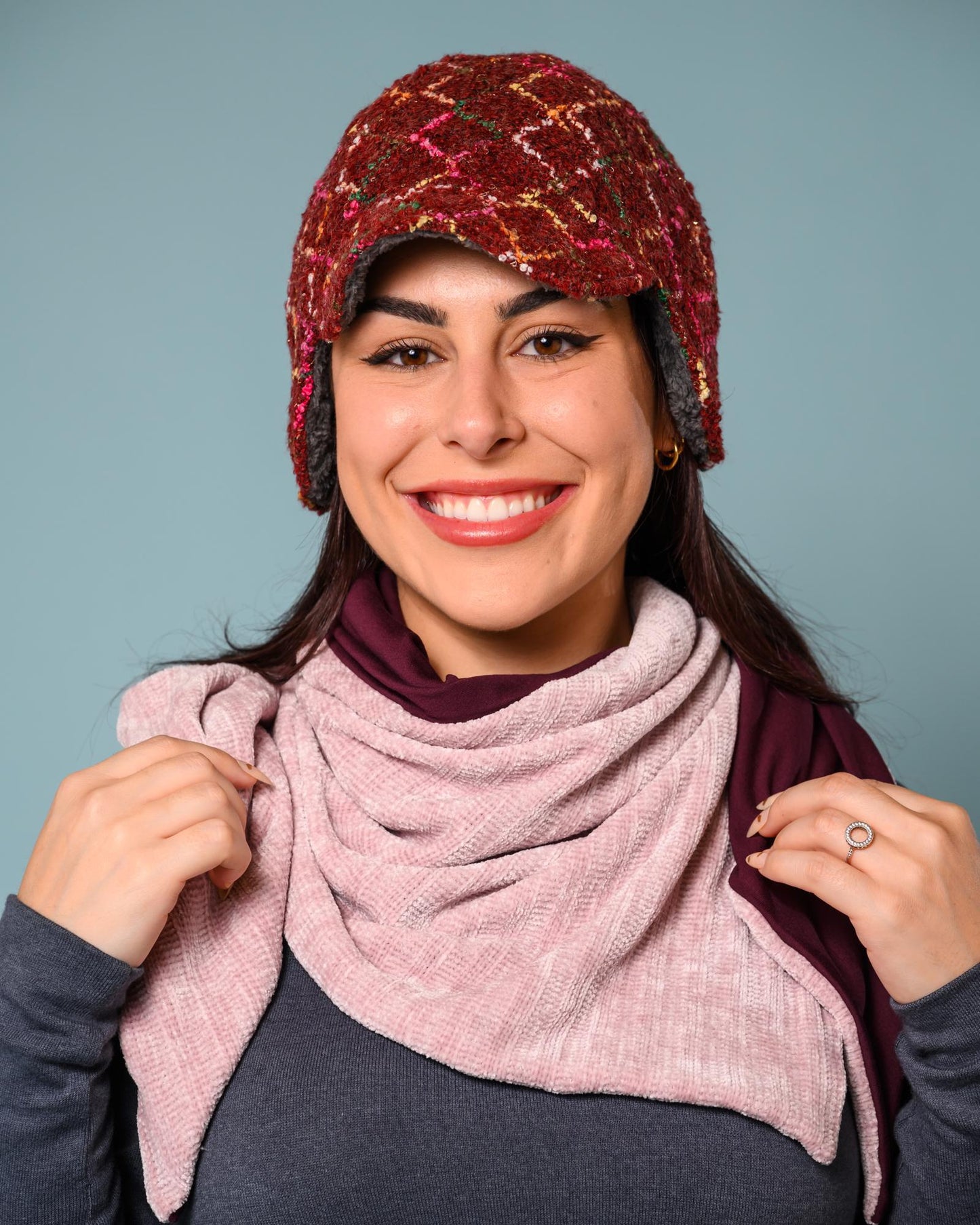 Squasht Darby Earflap Hat in Cranberry Boucle with Squiggly Pattern