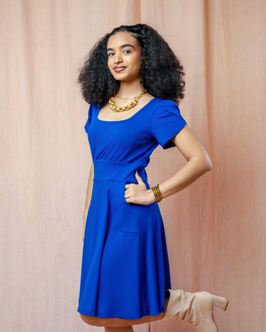 Squasht Petal Sleeve Dress in Sapphire Blue