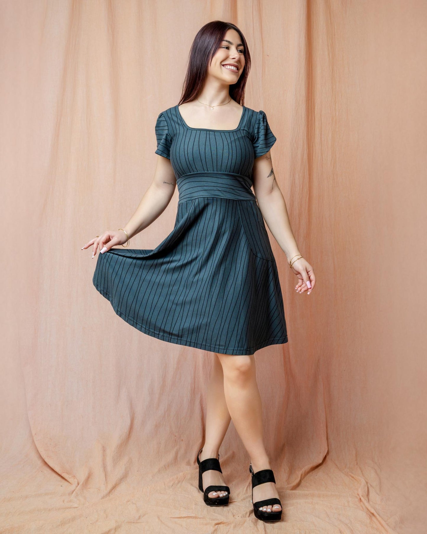 Squasht Petal Sleeve Dress in Gray Lines Print