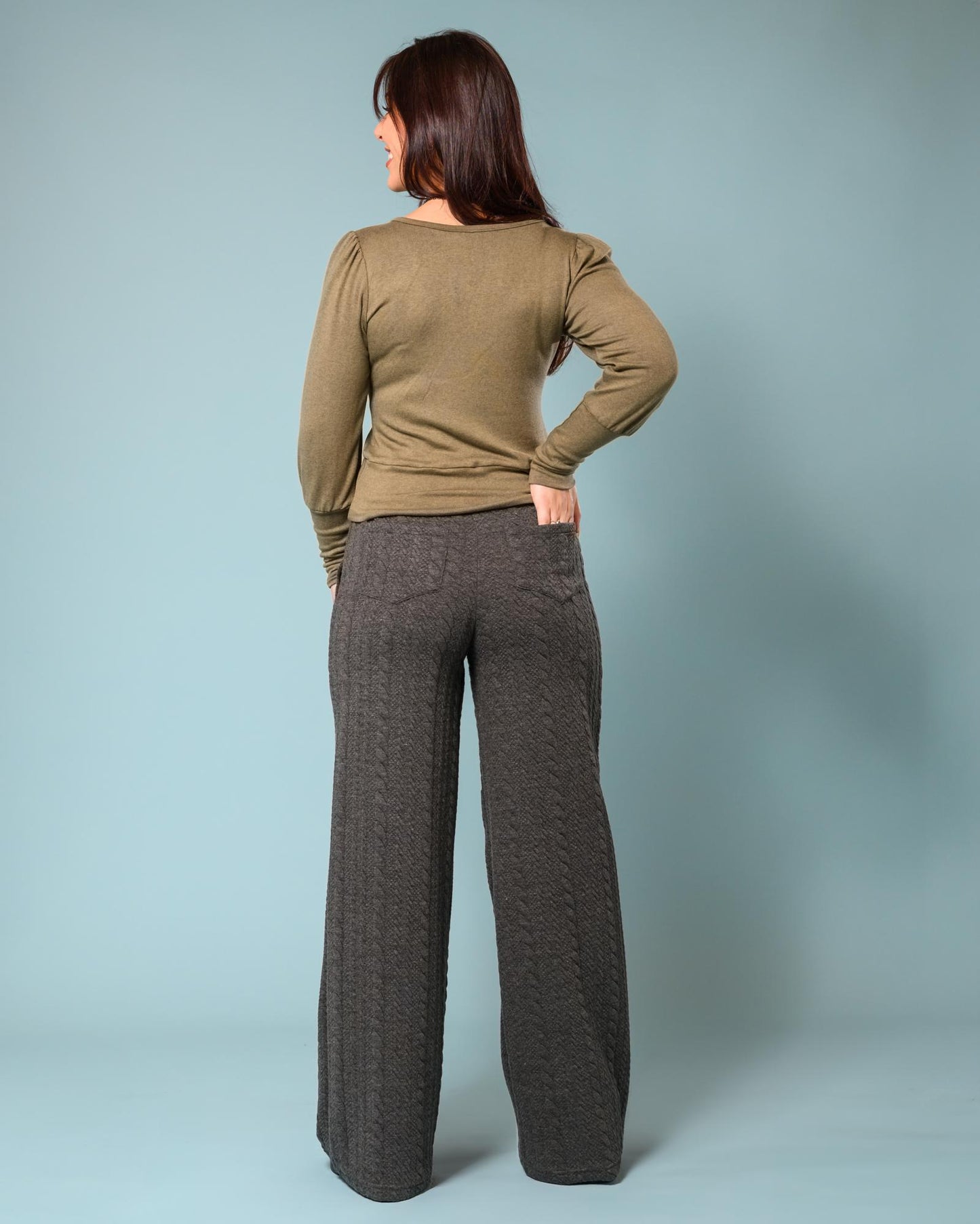 Squasht Wide Leg Long Length Pants in Medium Gray with Rope Texture