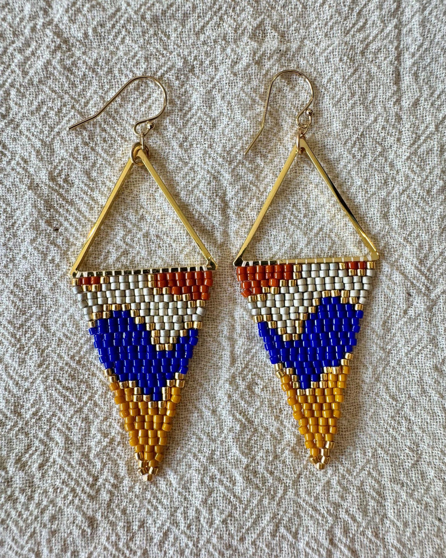 SV Beads Large Japanese Beaded Earrings in White, Blue & Yellow