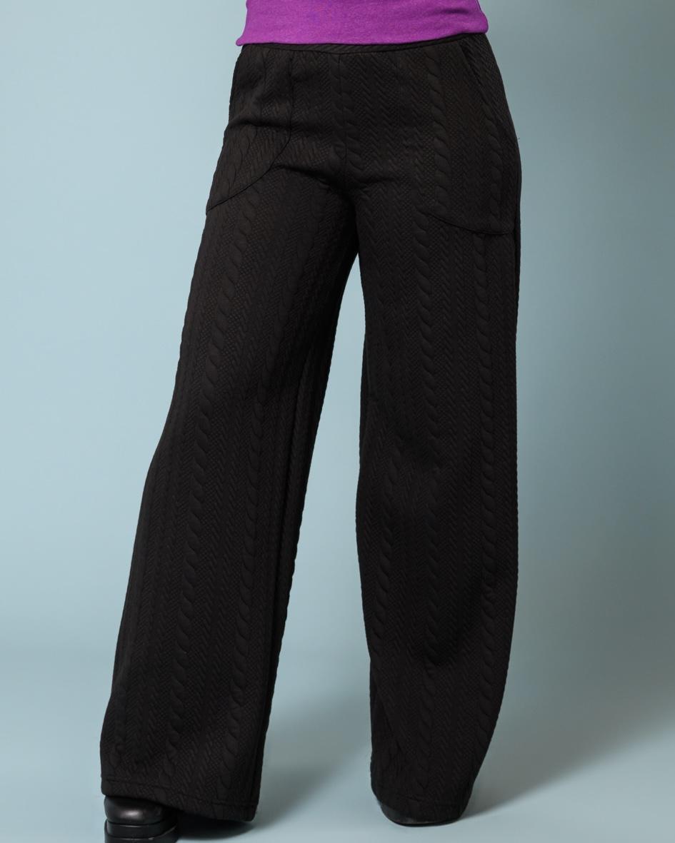 Squasht Wide Leg Long Length Pants in Solid Black with Rope Texture