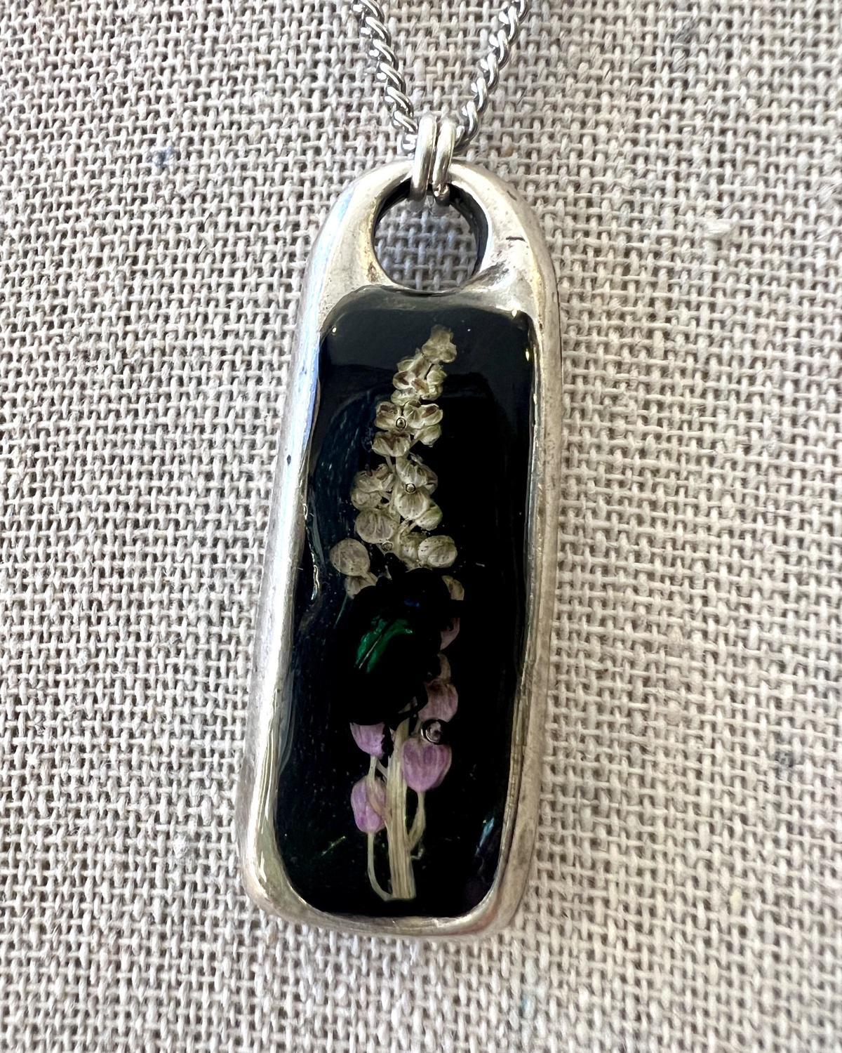 Pajaro Negro Long Silver Rectangle Beetle and Flora Pendant Necklace