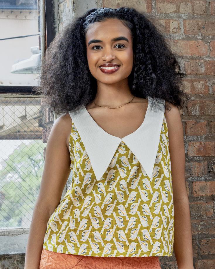 Squasht 70s Collared Tank in Chartreuse Bird Print with White Grid Collar