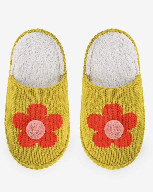 Verloop Flower Pom Slide Slippers in Golden Olive