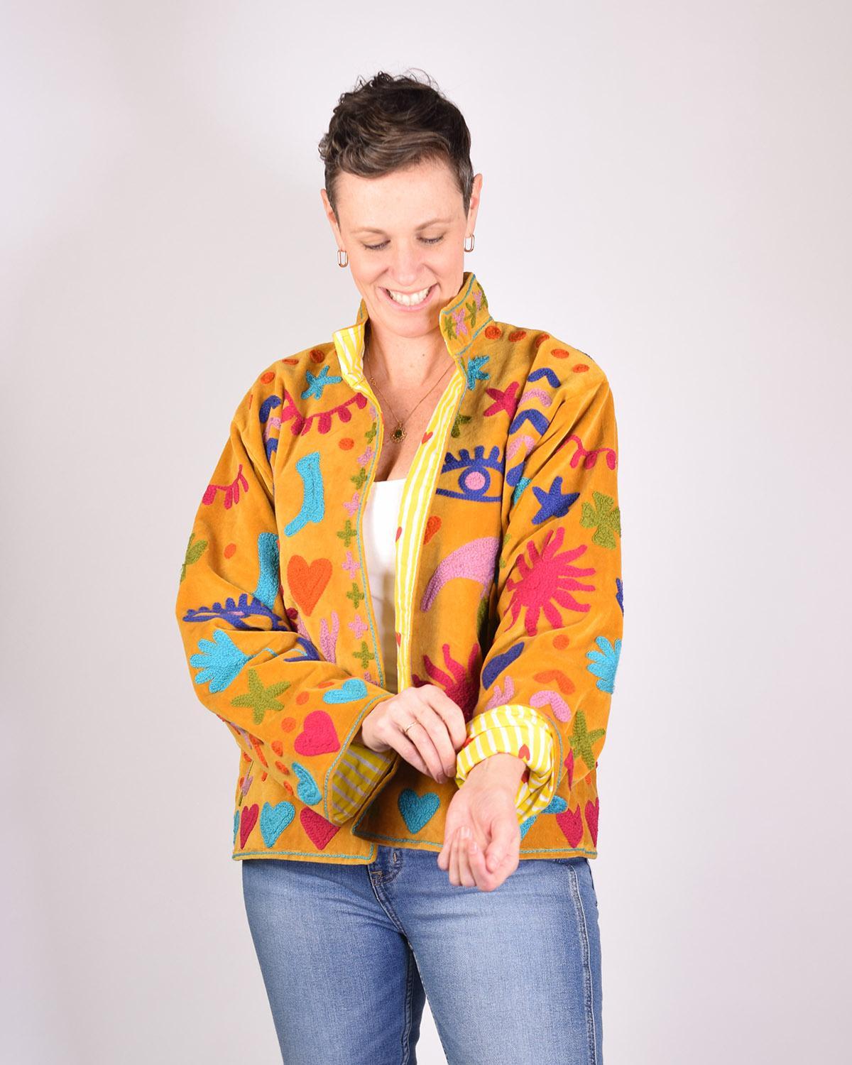 Txtile Gold Velvet Jacket with Embroidered Peace, Evil Eye, Boots, Hearts Motif