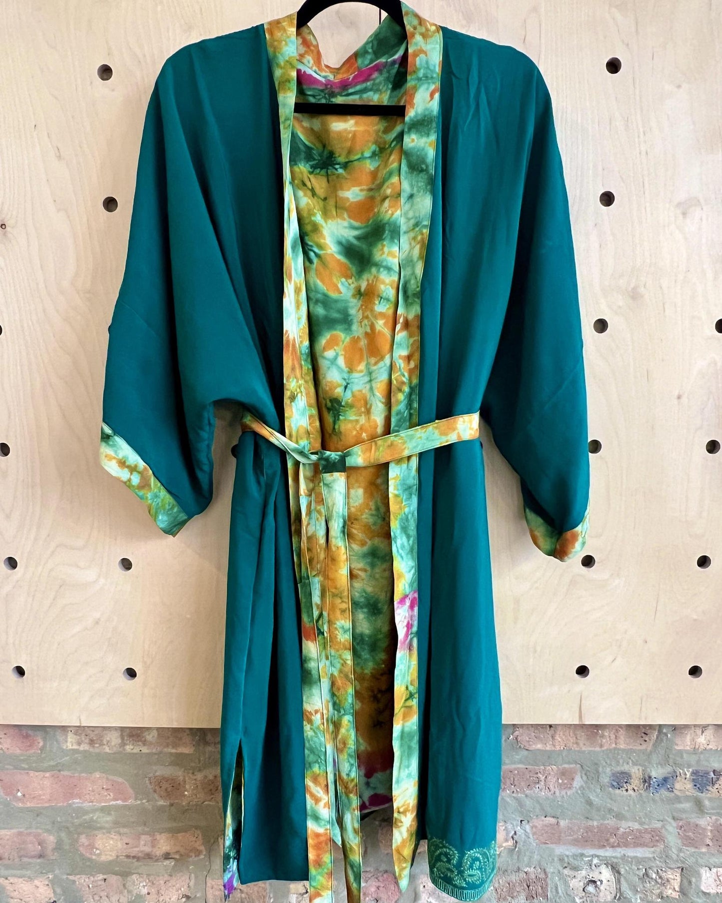 Indie Ella Double Flannery Lined Crepe Silk Kimono in Pink & Green Tie Dye