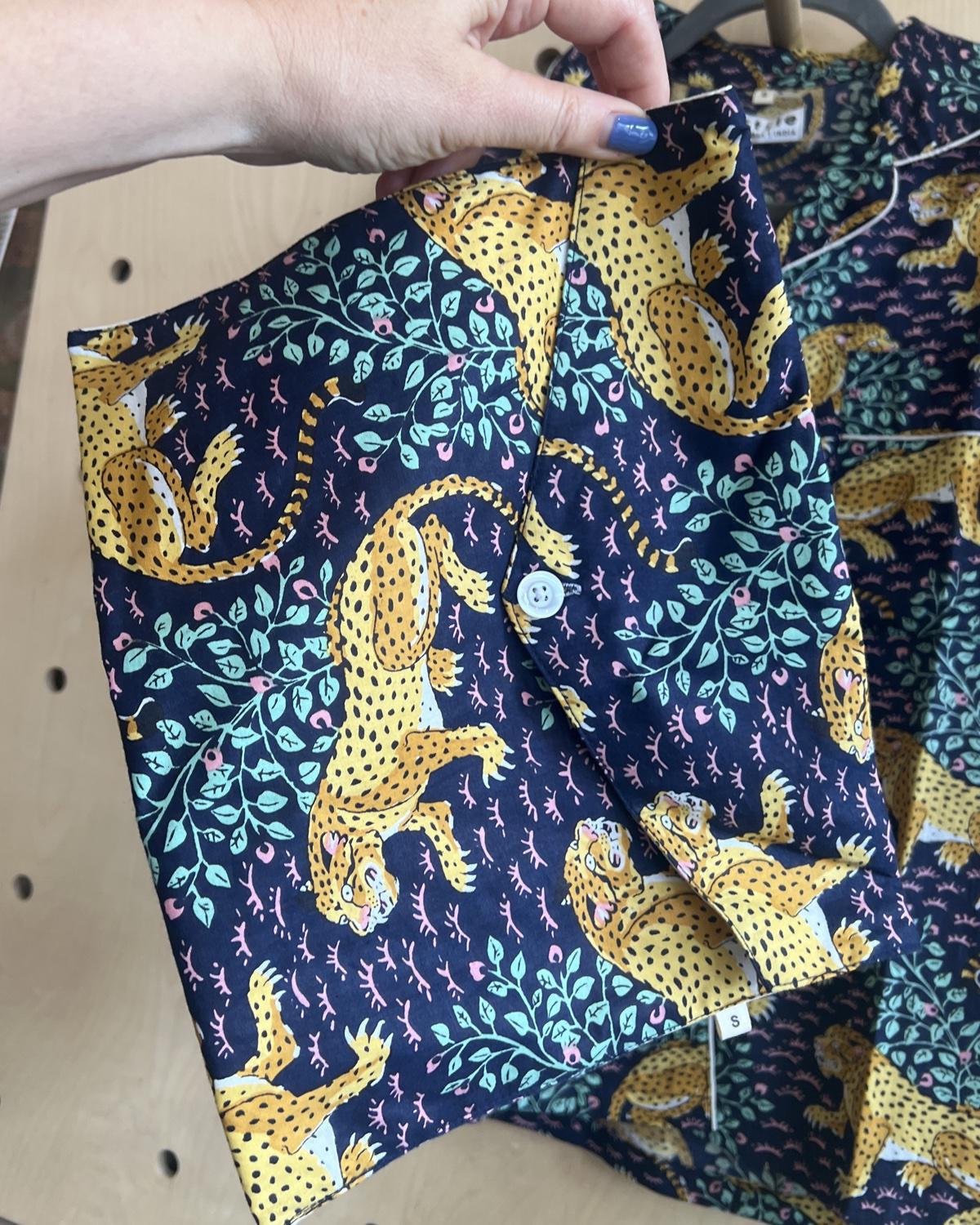 Txtile Button Up Shirt - Pajama Style - Fierce Leopard Print on Navy Background - SALE