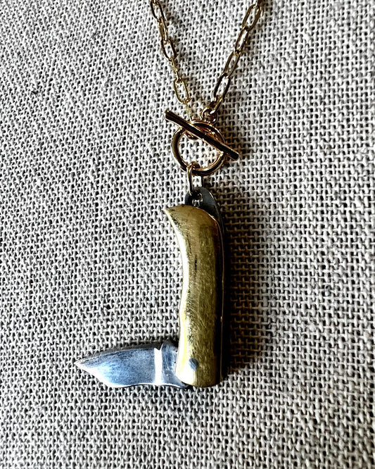 1979 Jewelry 1-inch Brass Knife Necklace - 14kt Gold Fill Chain