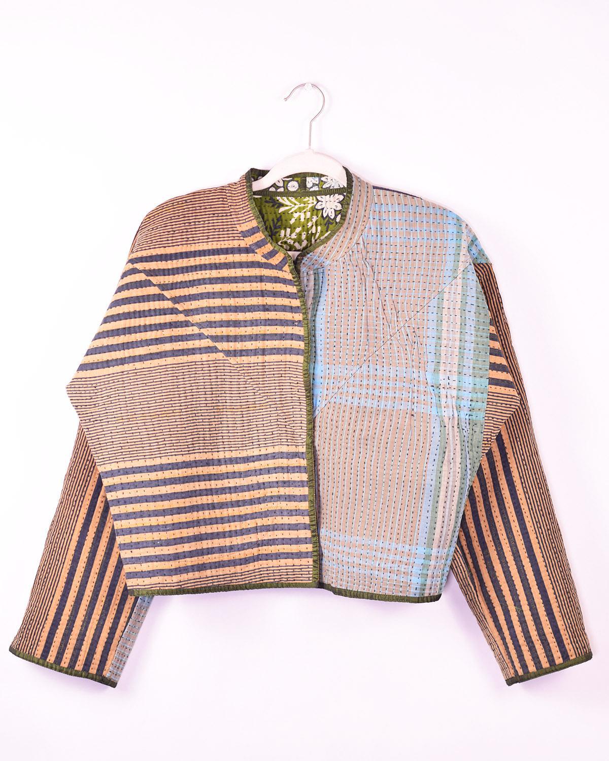 Txtile Sofie Leaf Green Quilted Reversible Patchwork Kantha Jacket