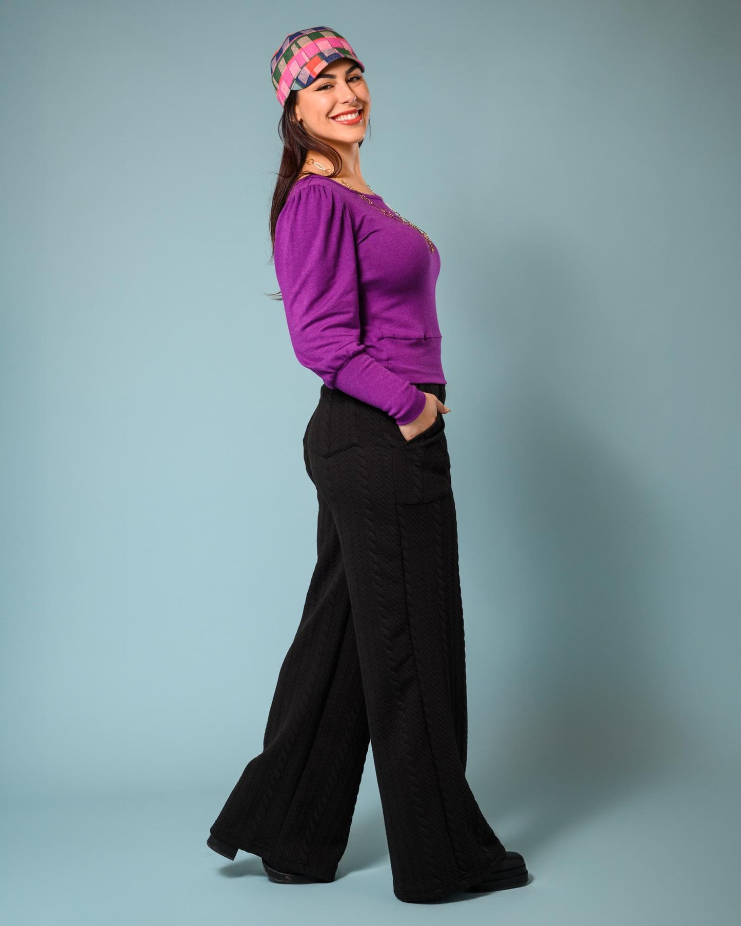 Squasht Wide Leg Long Length Pants in Solid Black with Rope Texture