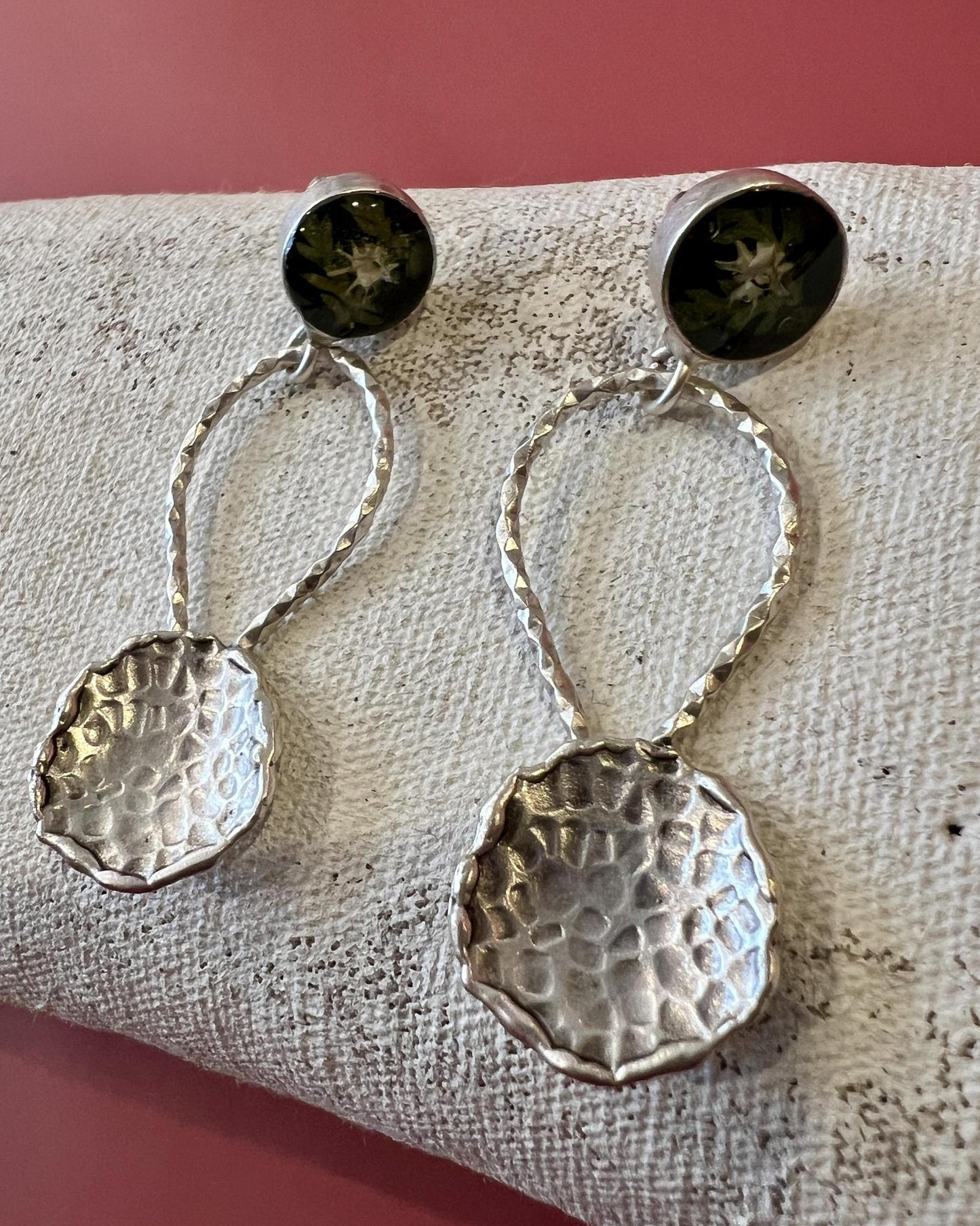 Pajaro Negro Hammered Circle Earrings w/ Python Vertebrae and Ferns