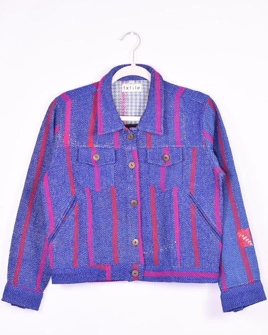 Txtile Alfie Chore Jacket Blue w/ Pink Embroidery Size Medium - Quilted Patchwork Kantha Jacket