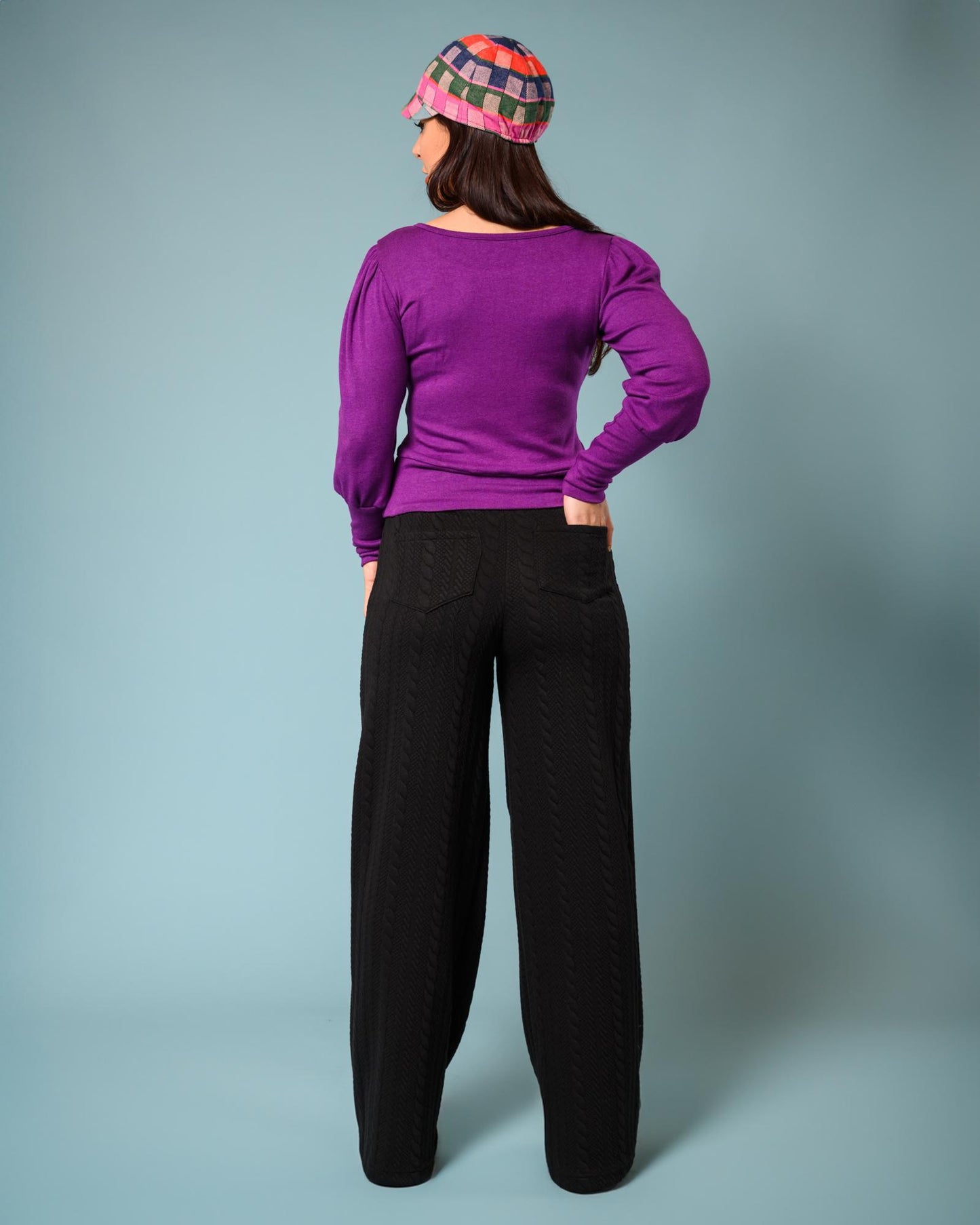Squasht Wide Leg Long Length Pants in Solid Black with Rope Texture