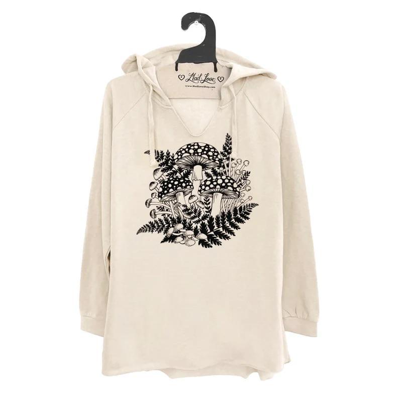 Mad Love Women's Fleece V-Notch Hooded Cream Sweatshirt with Mushroom Ferns - Small