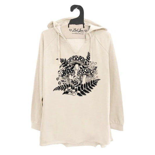 Mad Love Women's Fleece V-Notch Hooded Cream Sweatshirt with Mushroom Ferns - Small