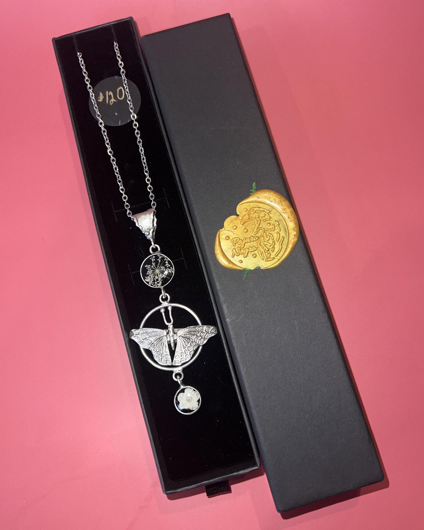 Pajaro Negro Butterfly and Floral Necklace in a Wax Sealed Box