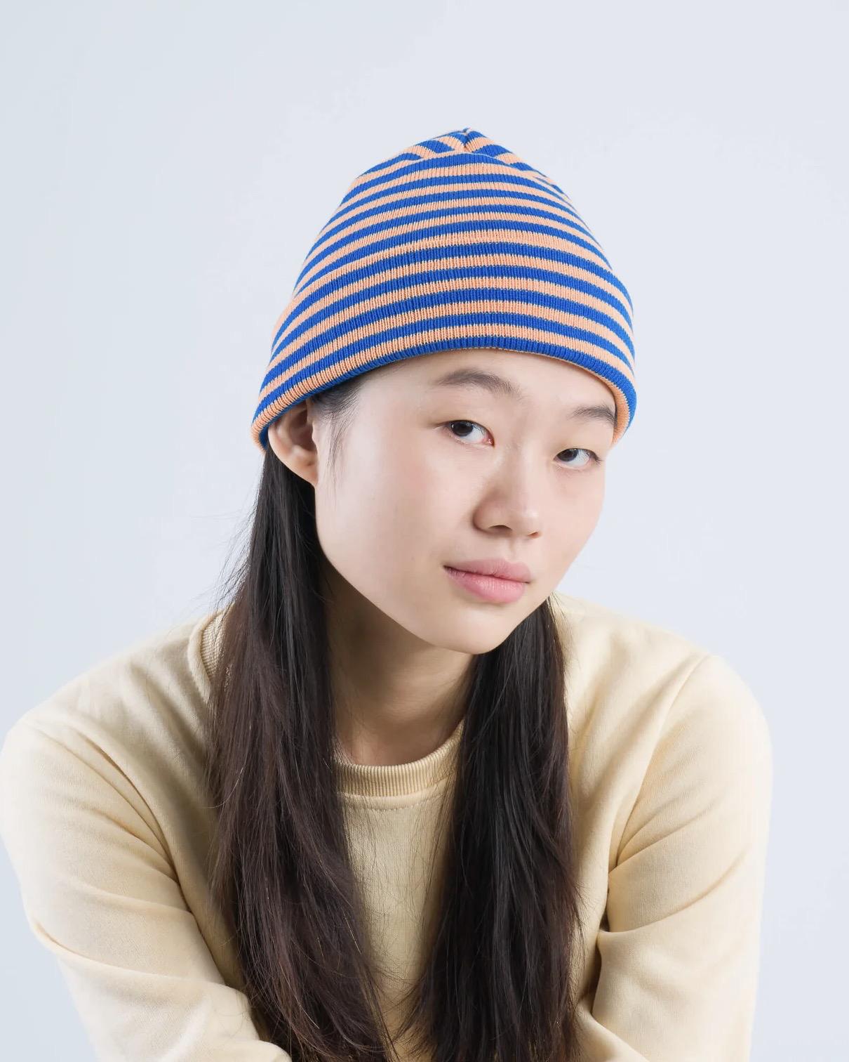 Verloop Simple Stripe Beanie Hat in Peach Cobalt