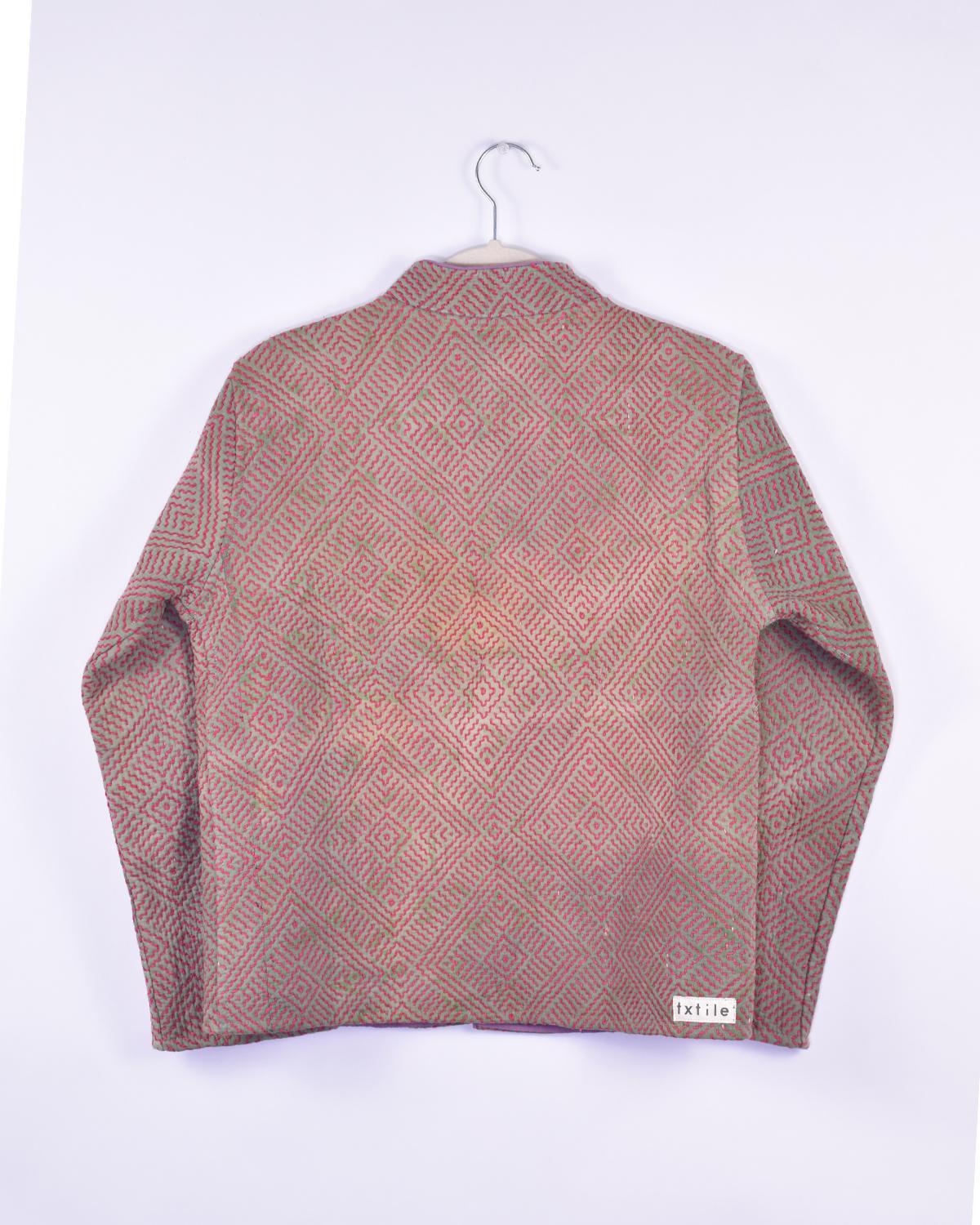 Txtile Billie Quilted Reversible Patchwork Kantha Jacket - Size Small - Red Embroidery Pattern on Olive