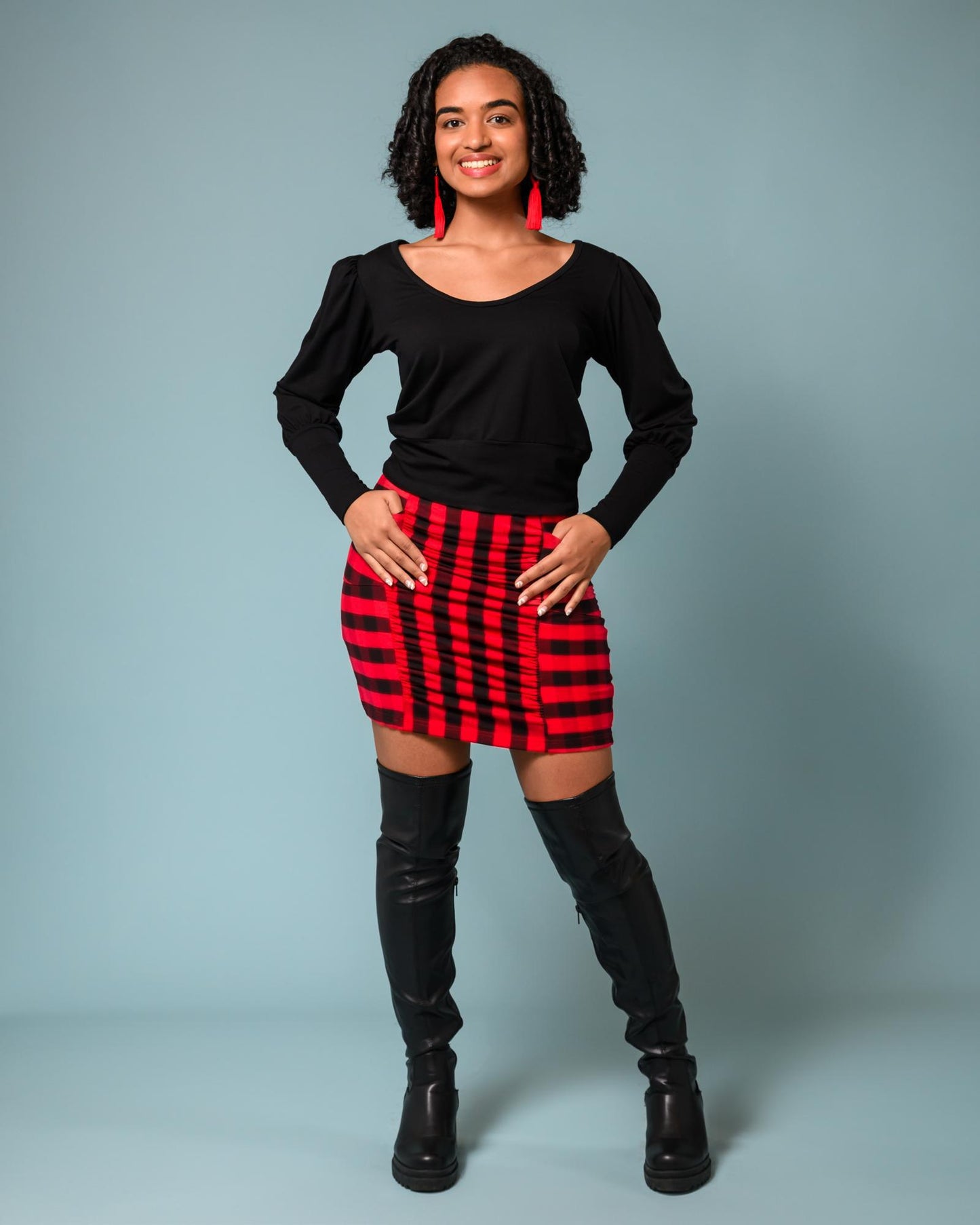Squasht Ruched Mini Skirt In Red and Black Lumberjack Plaid - Size Small - SALE