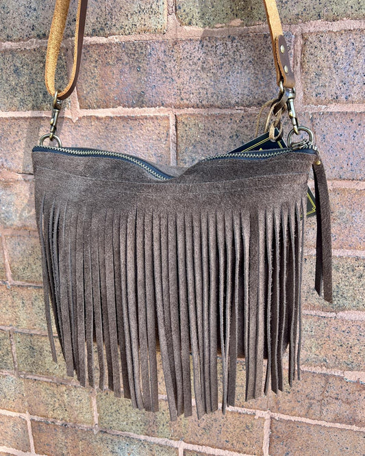 Vallente Leather Fringe Handbag in Chocolate Brown