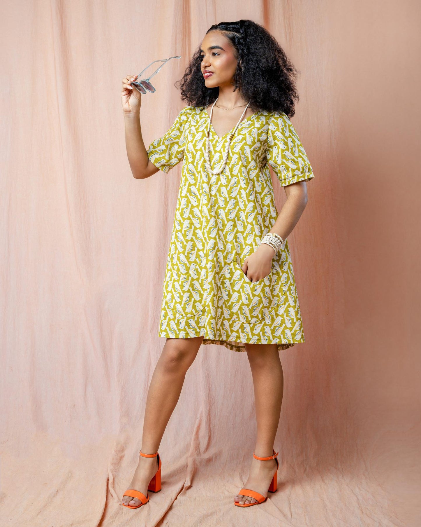 Squasht Winifred Dress Chartreuse Cotton Poplin Birds Print 🦜