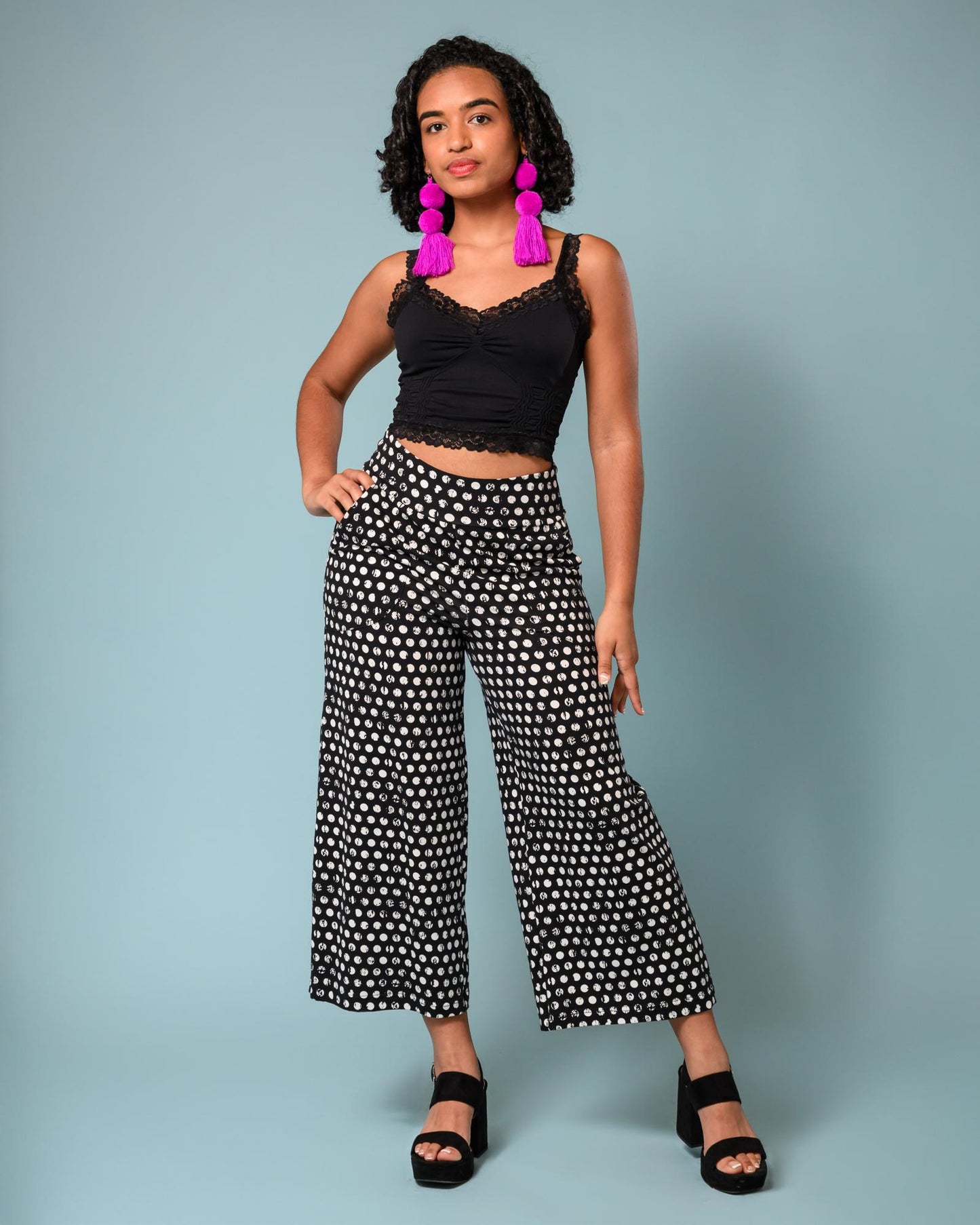 Squasht Wide Leg Pants (Cropped) in Black & White Distressed Polka Dots