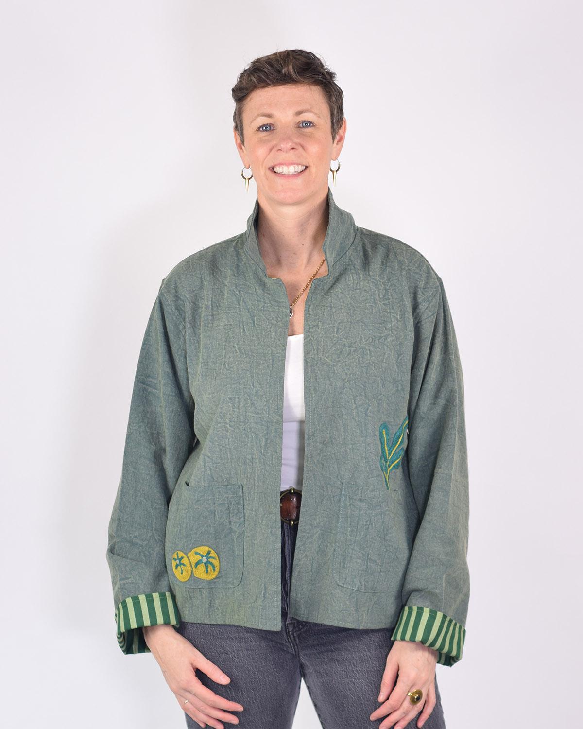 Txtile Dusty Teal Lightweight Garden Motif Canvas Embroidered Jacket
