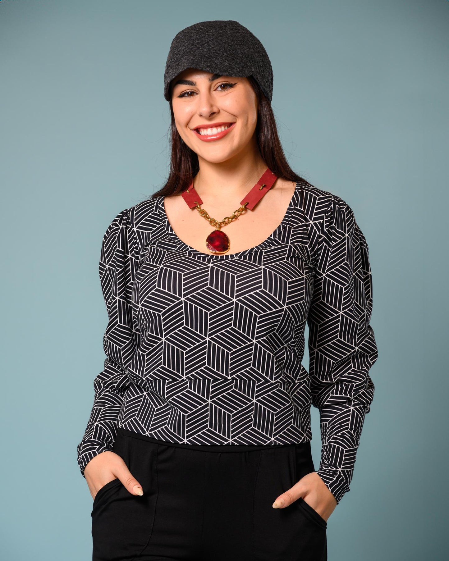 Squasht Debbie Top Black and White Linear Block Print - SALE
