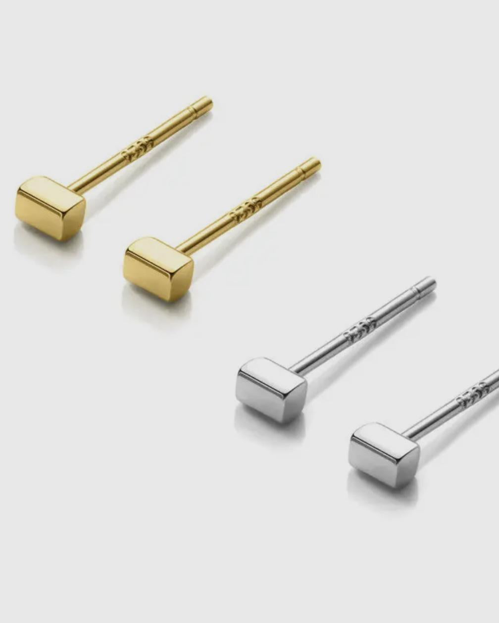 Perimade Tiny Cube Square Stud Earrings - Sterling Silver with Gold Plate