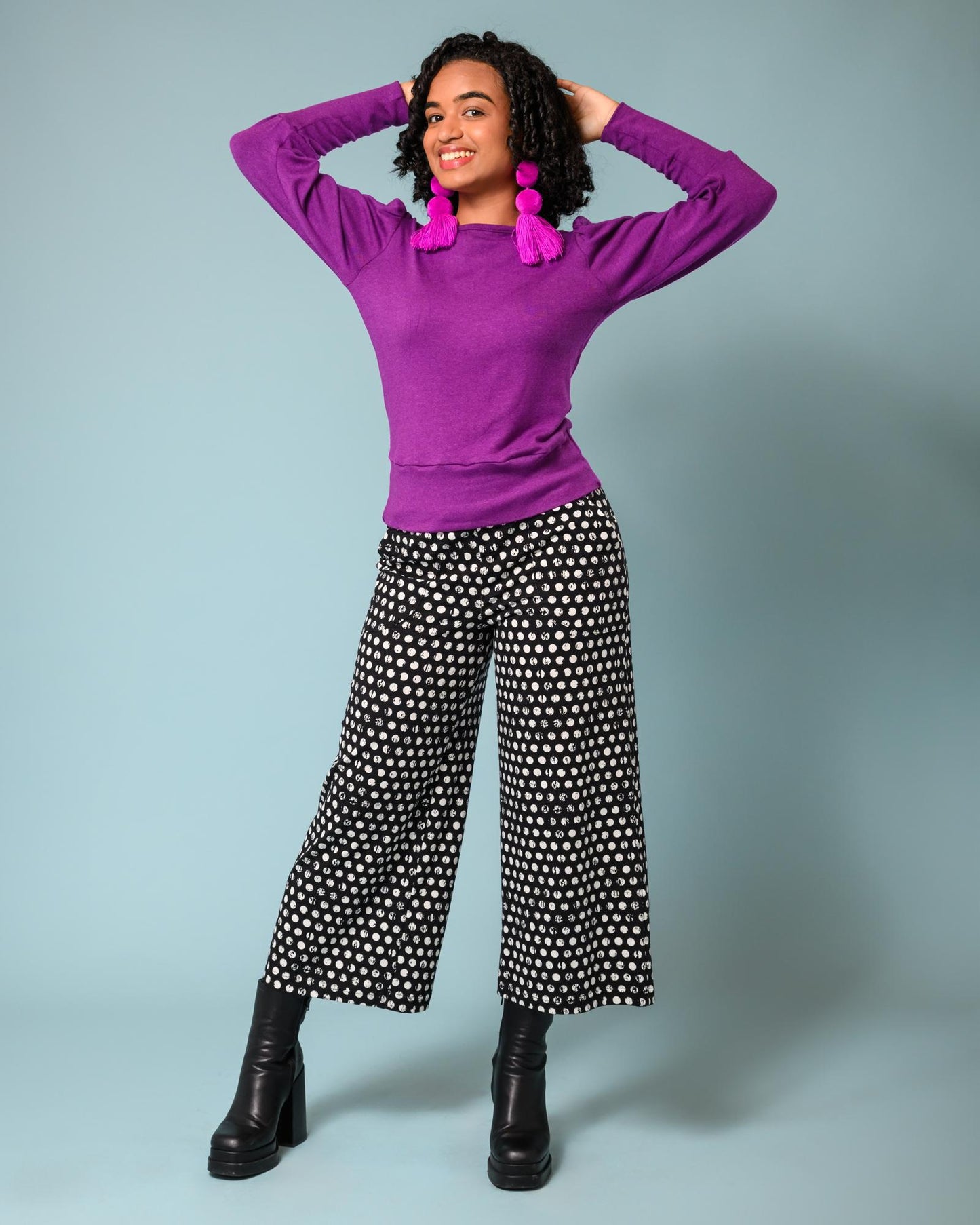 Squasht Wide Leg Pants (Cropped) in Black & White Distressed Polka Dots