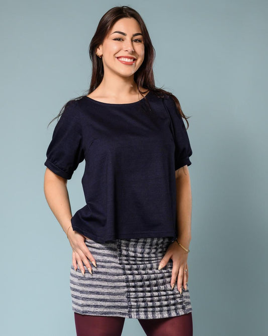 Squasht Ruched Mini Skirt In Cozy Grey & Navy Stripe Sweater Knit - SALE