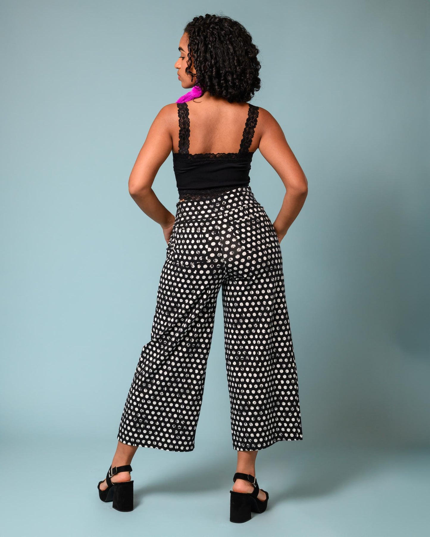 Squasht Wide Leg Pants (Cropped) in Black & White Distressed Polka Dots
