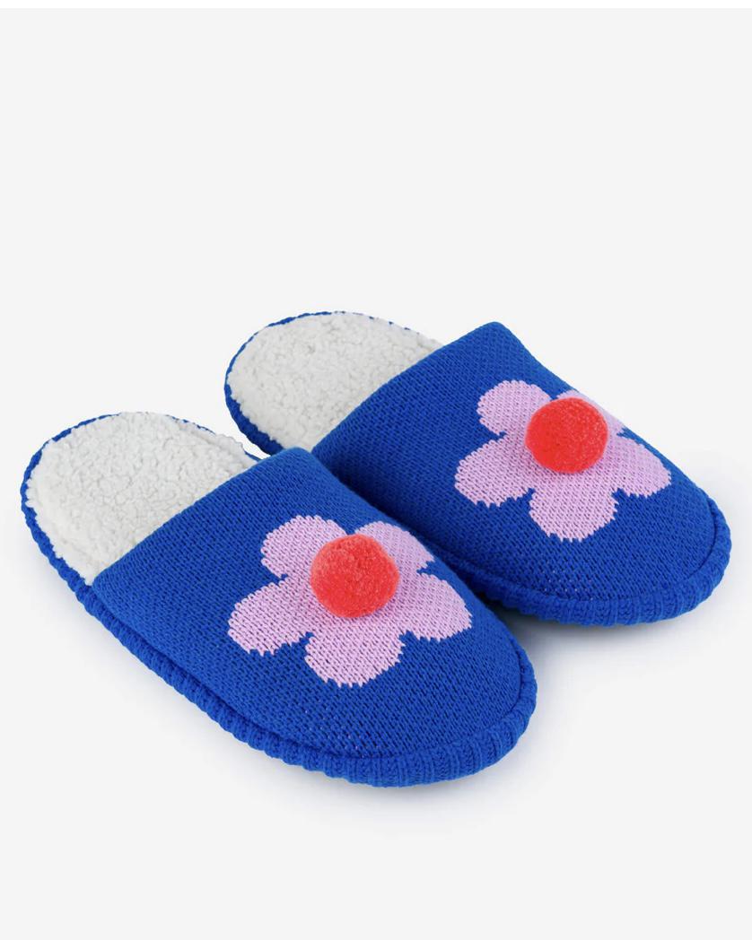 Verloop Flower Pom Slide Slippers in Cobalt - Size Large/XL