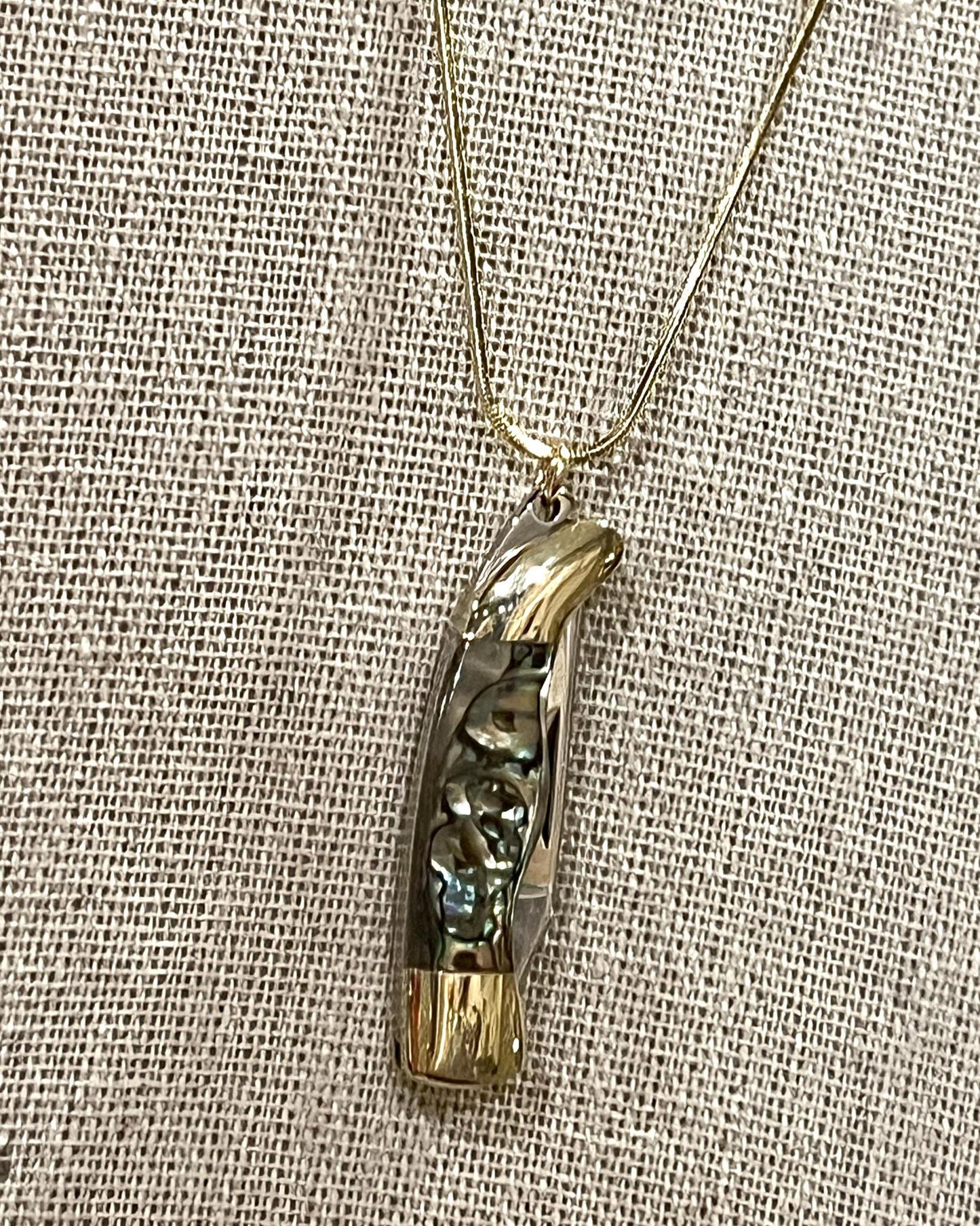 1979 Jewelry Knife Necklace 1.5 inch Multi Colored Abalone - 14kt GF chain