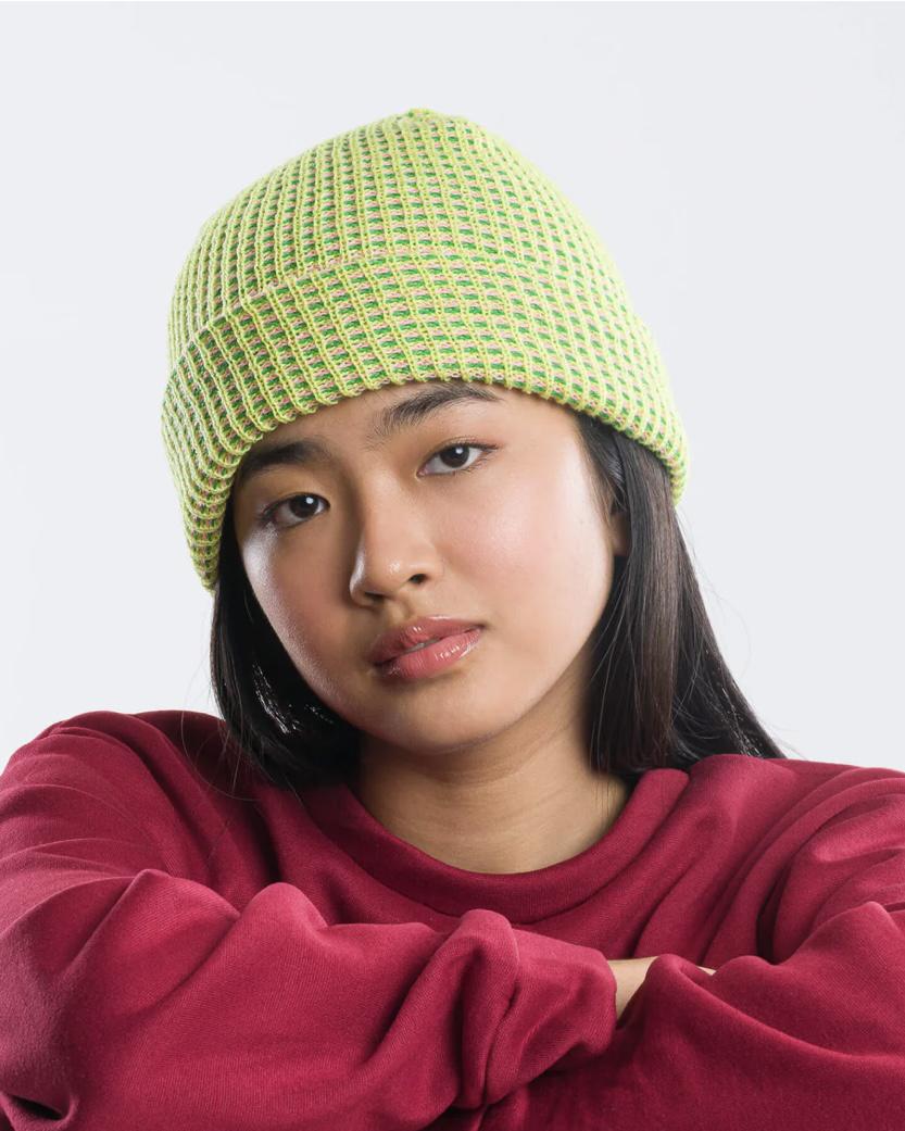 Verloop Simple Grid Rib Knit Beanie Hat in Lime and Pink