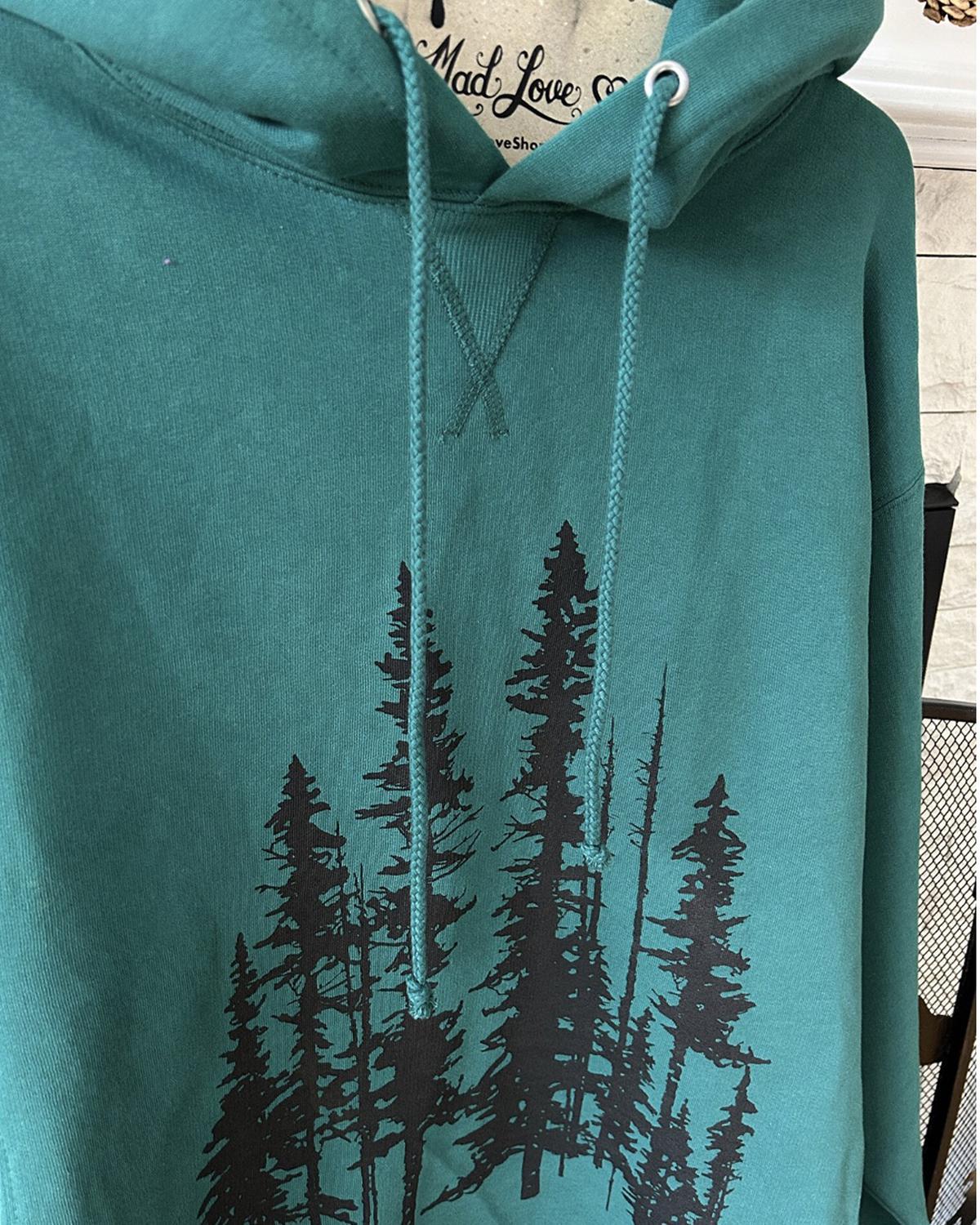 Mad Love Dark Green Oversized Hoodie with Evergreens Print - Small, Medium