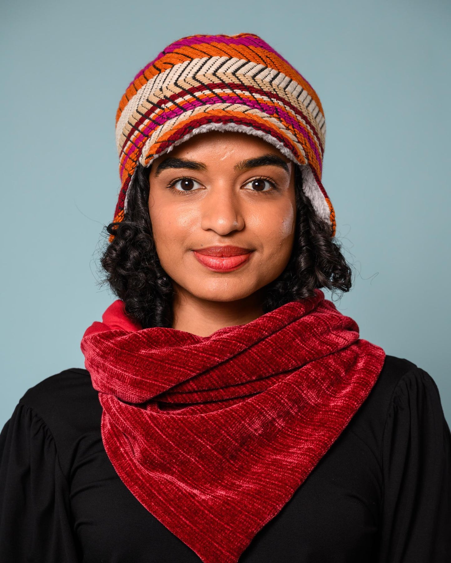 Squasht Darby Earflap Hat in Textured Burgundy & Orange & Fuchsia Stripes