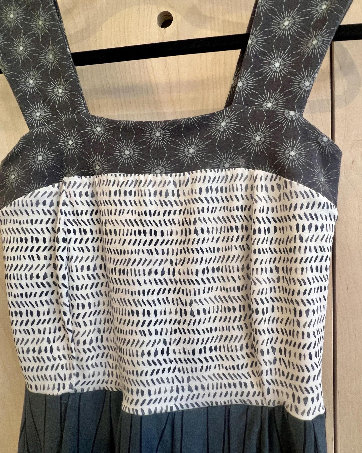 Squasht Wide Strap Dress in Cream and Gray Mixed Prints