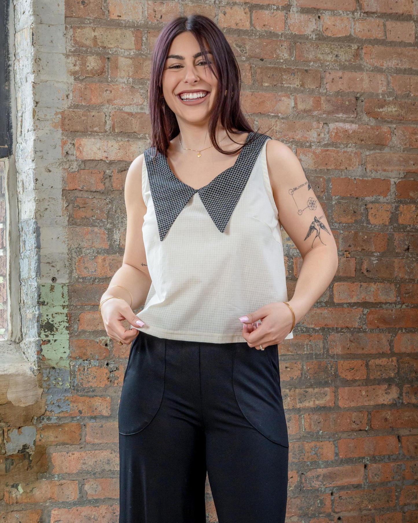Squasht 70s Collared Tank in White Grid Print with Black Grid Collar