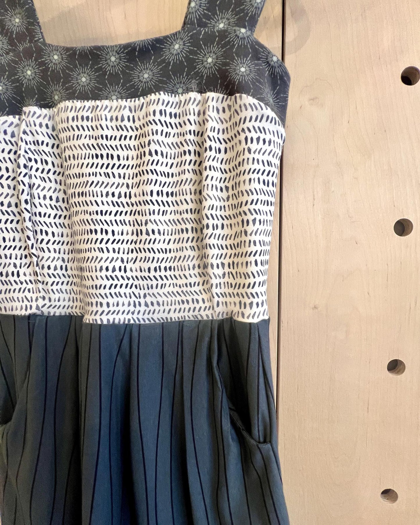 Squasht Wide Strap Dress in Cream and Gray Mixed Prints