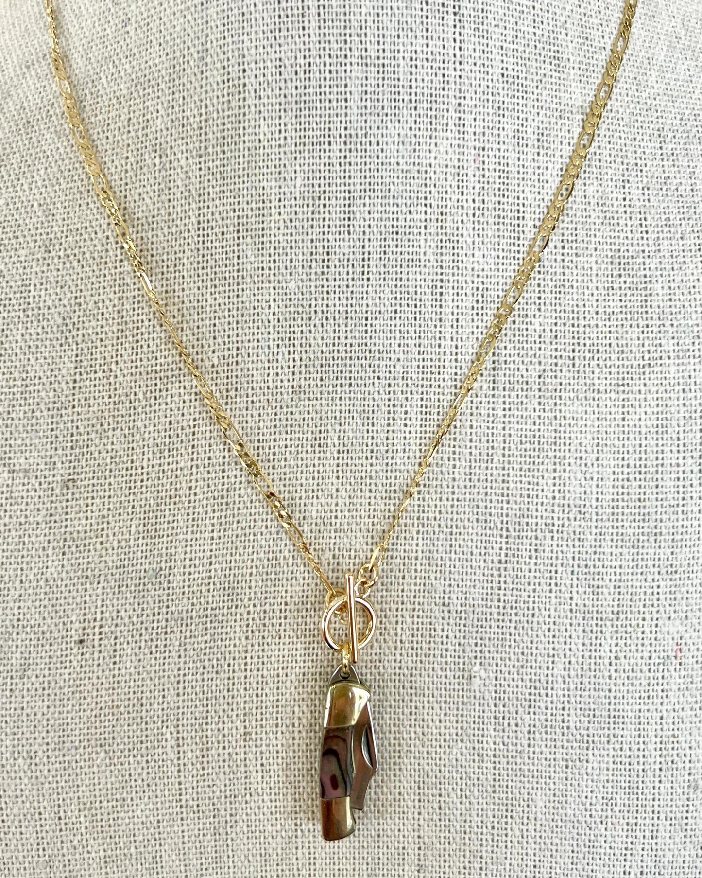 1979 Jewelry Knife Necklace 1-inch Multi-Colored Abalone - 14kt GF chain