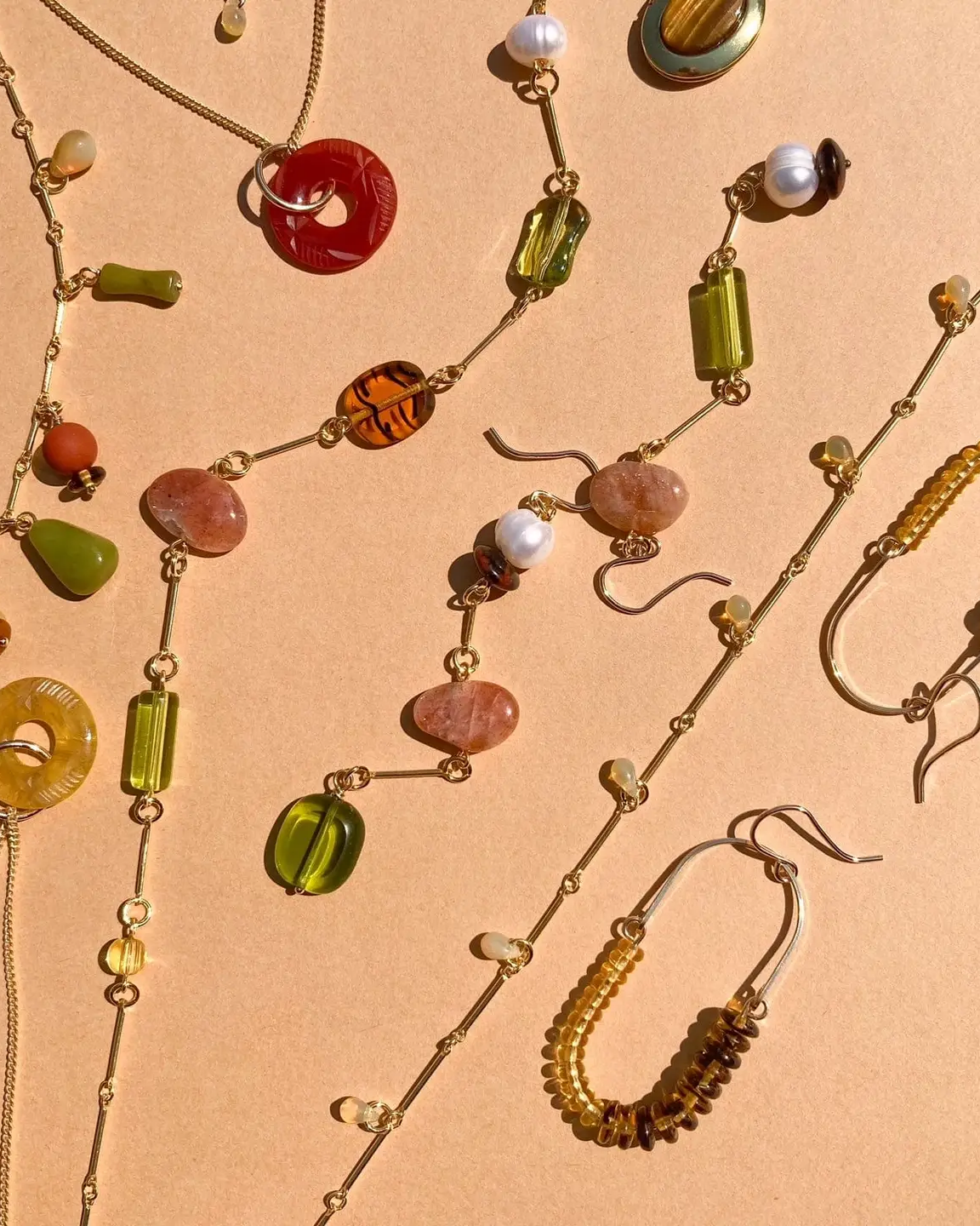 Composition Earrings- Sunstone, Pearl, Mahogany Obsidian, Glass