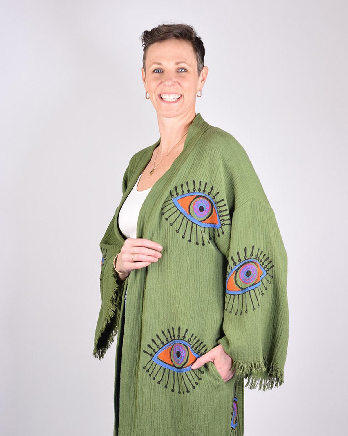 Txtile Luxury Turkish Cotton Evil Eye Kimono/Robe - Olive Grove