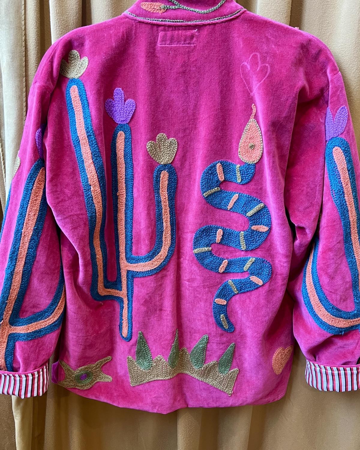 Txtile Hot Pink Velvet Jacket with Snake and Cactus Motif