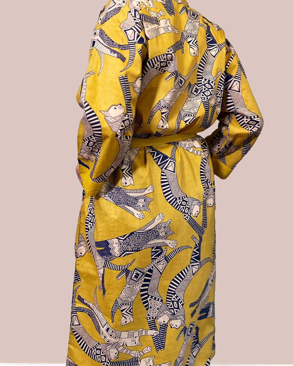 Txtile Lightweight Cotton Robe - Cosmic Cats Print