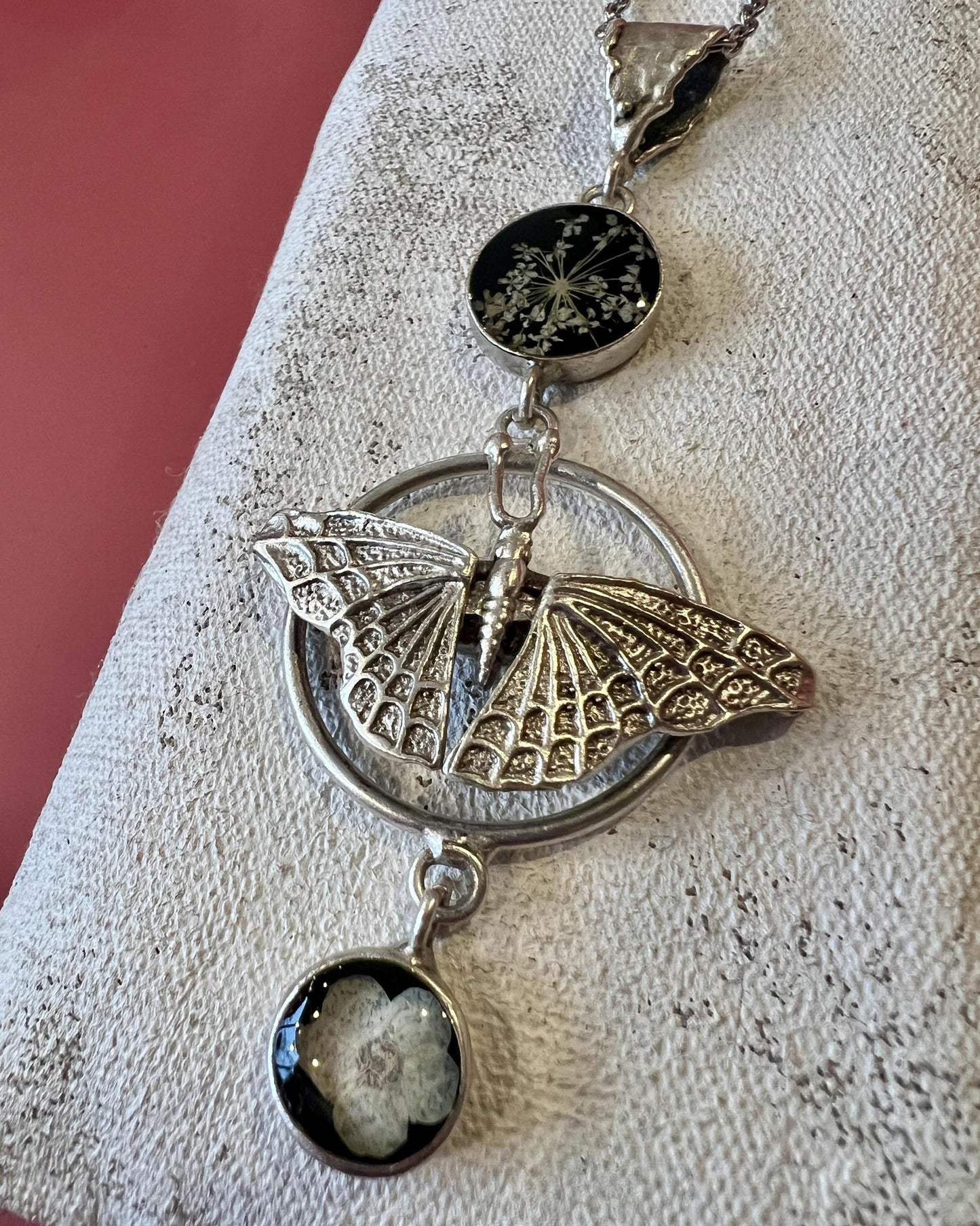 Pajaro Negro Butterfly and Floral Necklace in a Wax Sealed Box